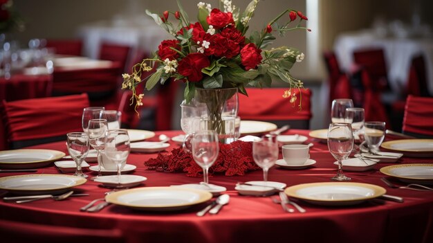 Una mesa formal adornada con flores rojas vibrantes en un jarrón