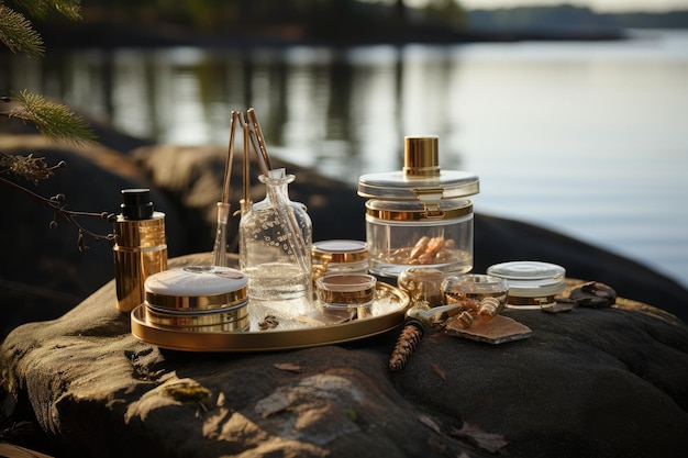 una mesa con frascos de perfume y un frasco de perfume encima