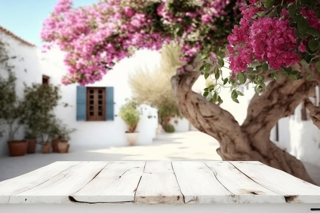 Una mesa frente a una casa con un árbol y flores.