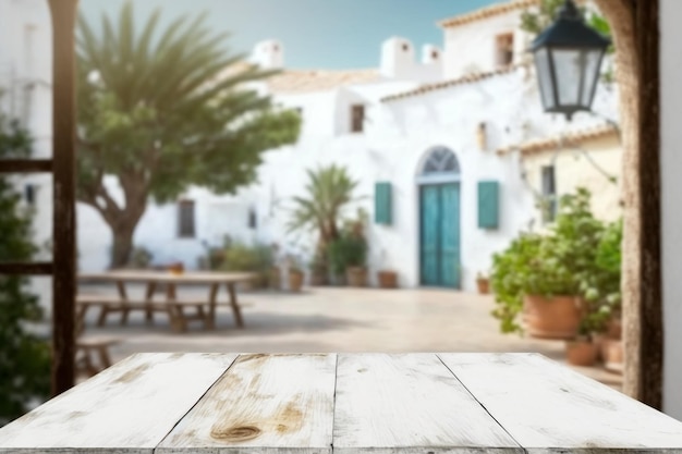 Una mesa frente a una casa blanca con persianas azules.