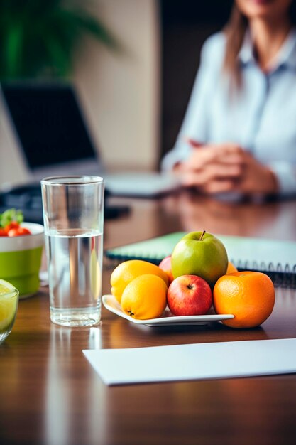 en la mesa fruta un vaso de agua una persona en el fondo dieta saludable de pérdida de peso