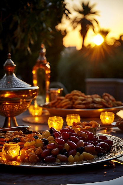 mesa con frutas secas para comer para romper el ayuno al atardecer durante el Iftar