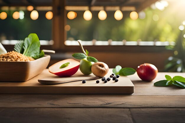 Foto una mesa con frutas y verduras encima.