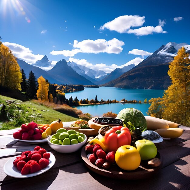 una mesa de frutas y verduras con un lago en el fondo