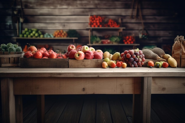 Una mesa de frutas y verduras en una tienda.