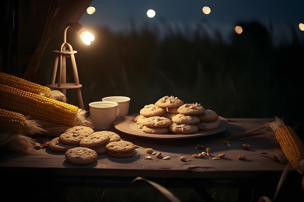 Una mesa con galletas y maíz en la mazorca