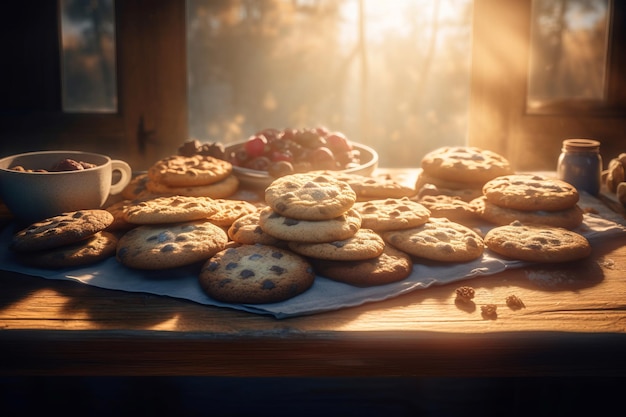 Mesa de galletas recién horneadas bocadillo de postre sabroso cálido dulce Generar Ai