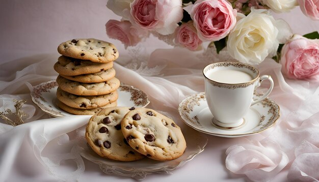 Foto una mesa con galletas y una taza de café