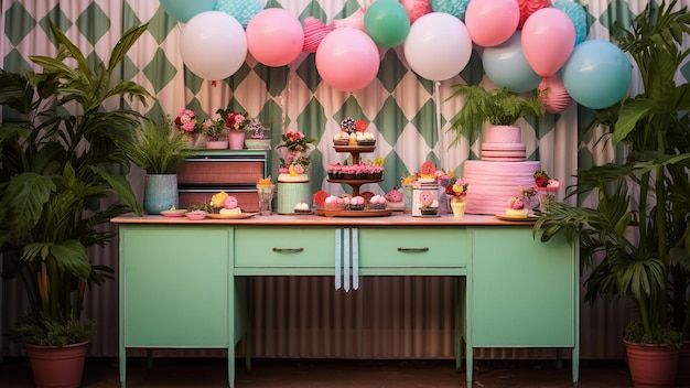 una mesa con globos y una mesa con una maceta de flores