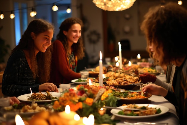 mesa grande con comida vegana y gente