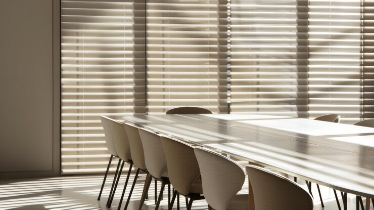 Una mesa grande con muchas sillas está en una habitación con mucha luz solar