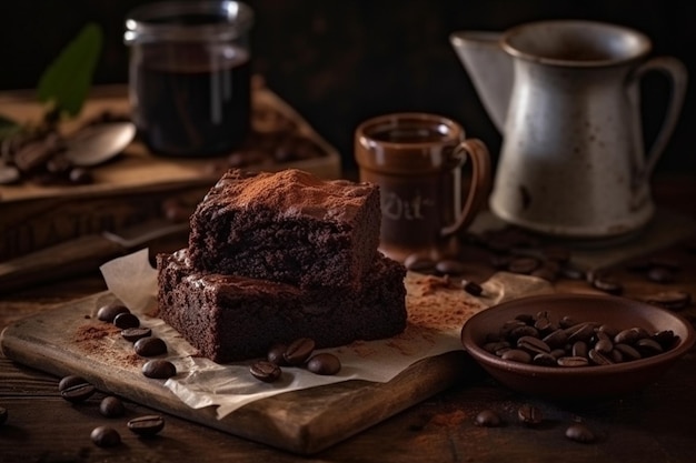 Una mesa con granos de café y un brownie.