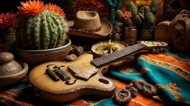 Foto una mesa con una guitarra y un cactus y un caktus en maceta