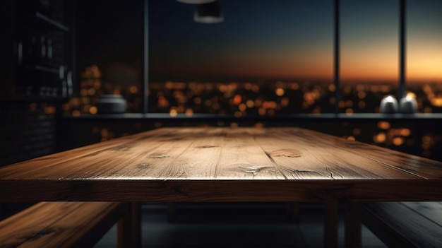 Una mesa en una habitación oscura con vistas a la ciudad de fondo