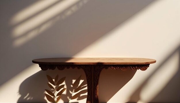 Una mesa en una habitación con la sombra de un árbol frondoso.