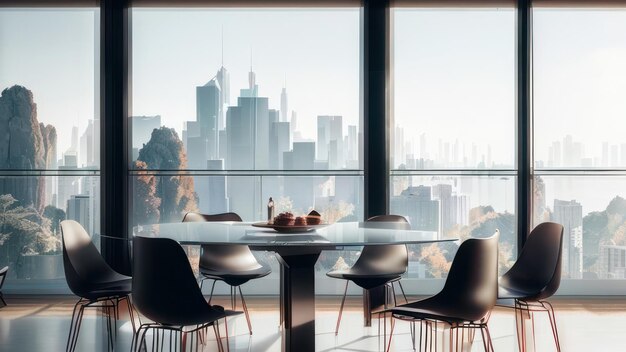 Una mesa en una habitación con vista a la ciudad.