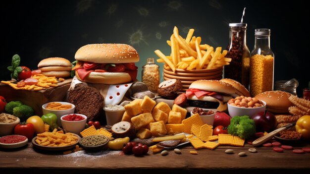 Foto una mesa con una hamburguesa hamburguesa y otros alimentos, incluidas papas fritas y queso