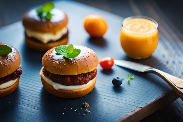 una mesa con una hamburguesa y jugo de naranja y un vaso de jugo de Naranja.