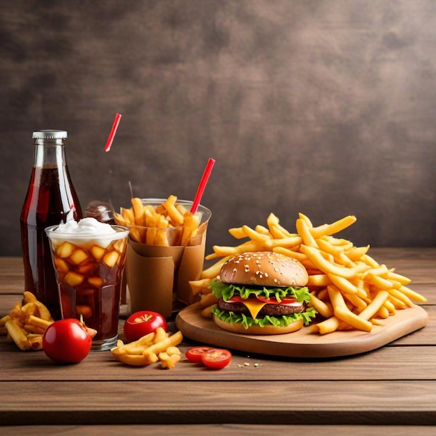 una mesa con una hamburguesa y papas fritas y una botella de refresco