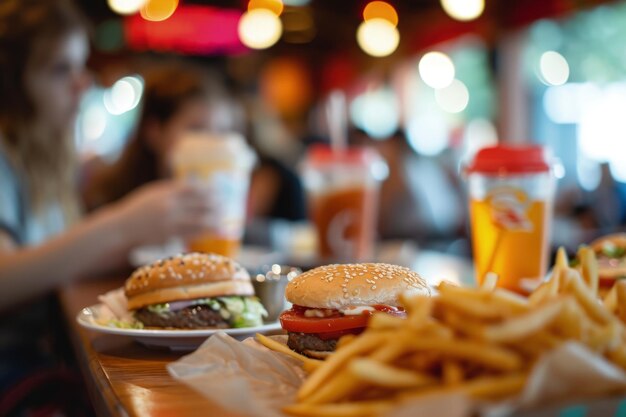 Foto mesa con hamburguesas y papas fritas