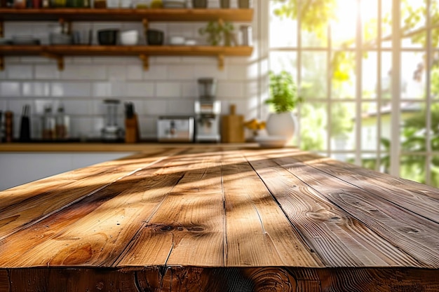 La mesa hecha de madera está en la cocina con plantas en ella y otras plantas cercanas