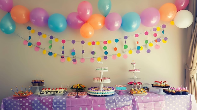 Una mesa hermosamente decorada está puesta con una variedad de postres y bebidas para una fiesta de cumpleaños