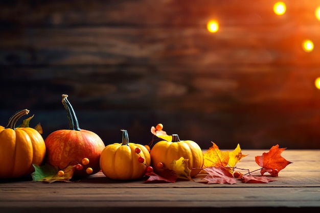 Una mesa con una hilera de calabazas y hojas.