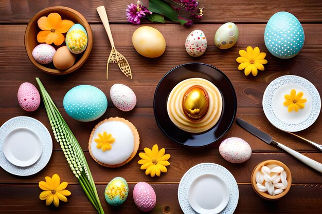 una mesa con huevos y flores en ella