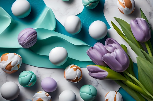 Una mesa con huevos y flores.