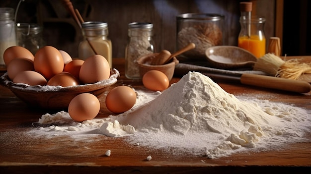 Una mesa con huevos de harina y harina encima.