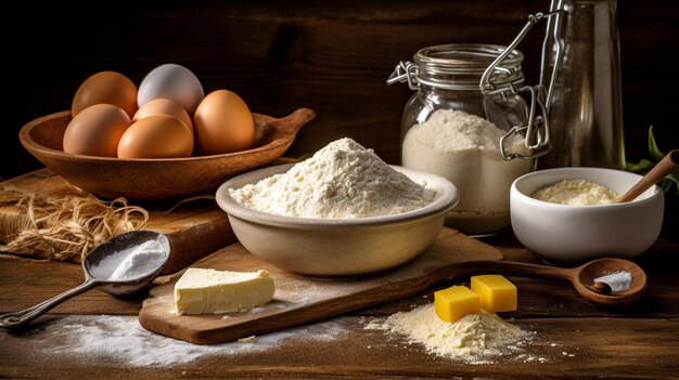 Una mesa con huevos de harina y otros ingredientes
