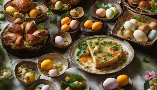una mesa con huevos y huevos en ella