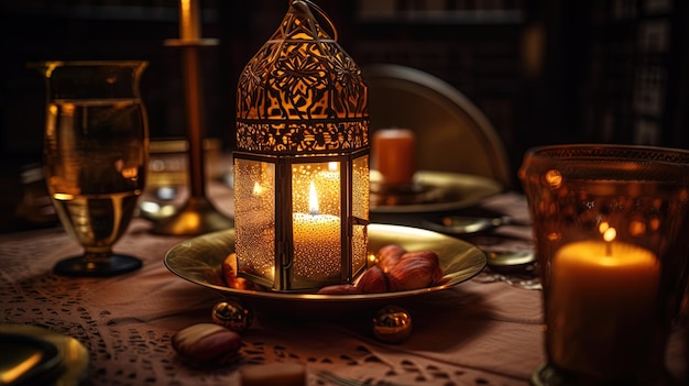 Una mesa Iftar decorada en tonos dorados con velas y farolillos