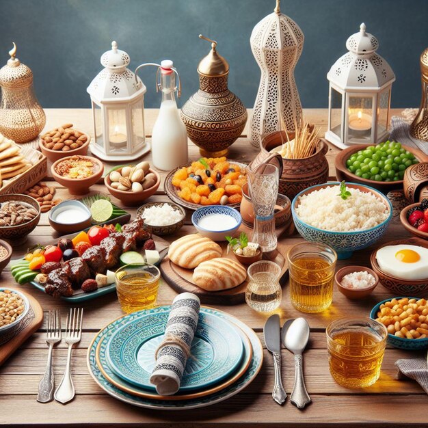 Foto una mesa de iftar de ramadán completamente decorada