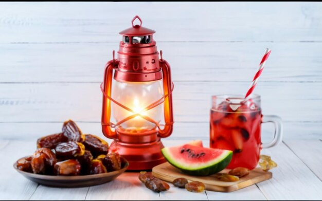 Mesa de Iftar de Ramadán con dátiles y sandía