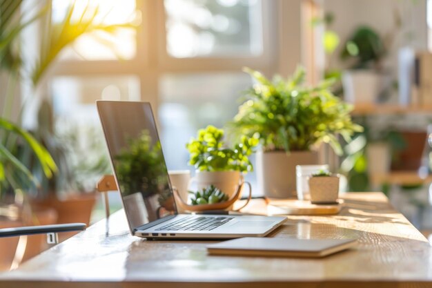 Mesa iluminada pelo sol com laptop e plantas exuberantes