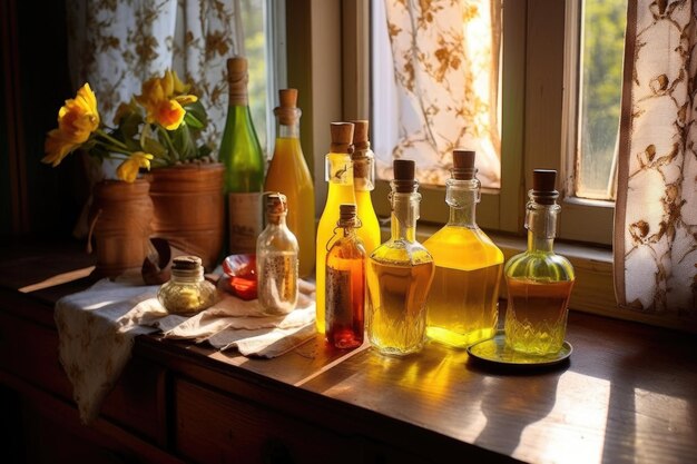 Mesa iluminada por el sol con limoncello casero en botellas elegantes creadas con AI generativa