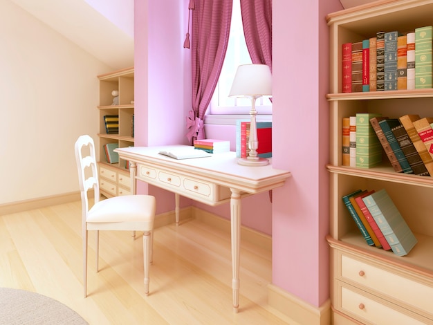 Mesa infantil no quarto das crianças para uma menina. Renderização 3D.