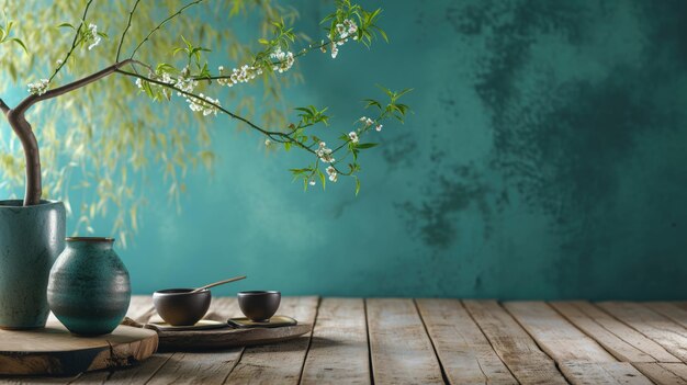 Mesa de inspiración asiática con flores de cerezo sobre fondo verde azulado