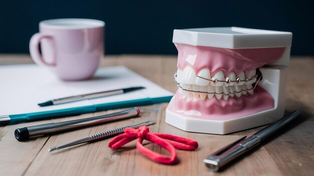 Foto mesa con instrumentos de ortodoncia, lazos de ligadura y modelo de dientes