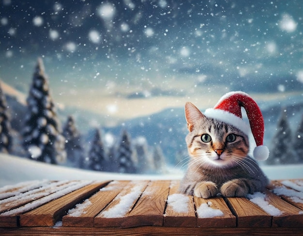 Mesa de invierno con un lindo gato en ella con un sombrero de Papá Noel tabla nevada con nieve en el cielo frío