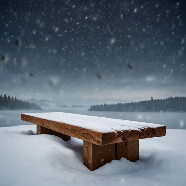 Mesa de invierno con tabla nevada con nieve en el cielo frío