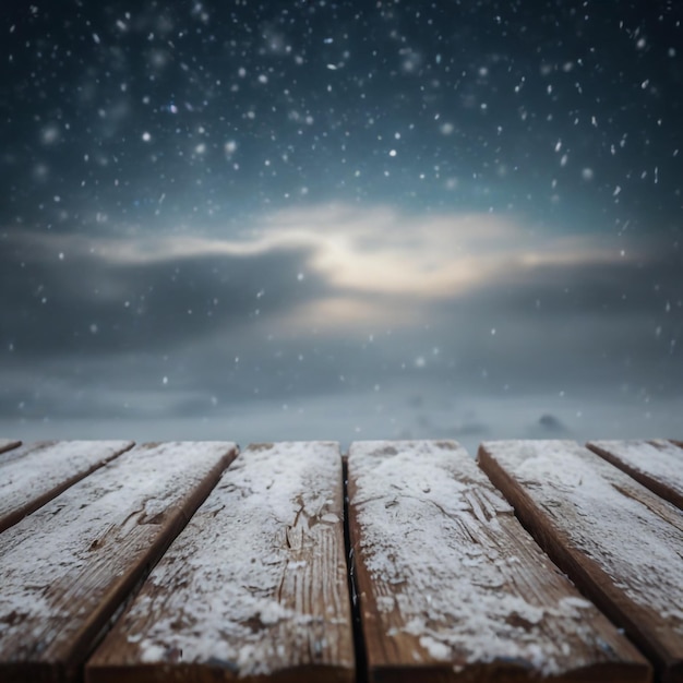 Mesa de invierno con tabla nevada con nieve en el cielo frío