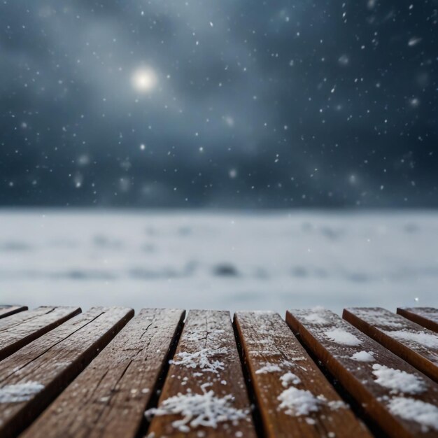 Mesa de invierno con tabla nevada con nieve en el cielo frío