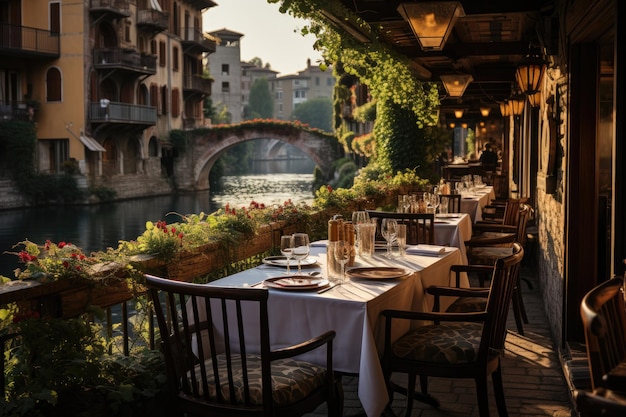 Mesa italiana repleta ao lado do canal capturando as delícias culinárias geradoras de IA