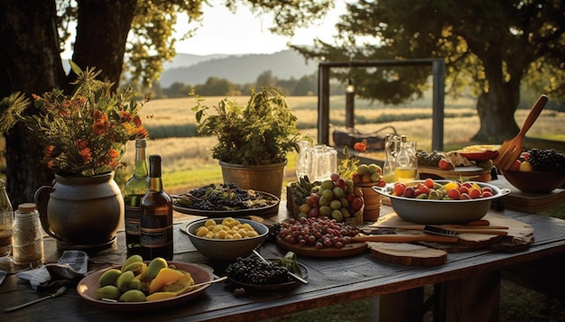 Mesa de jardín llena de comida bbqsummer food tabletable llena de bebidas y comida afuera en el g