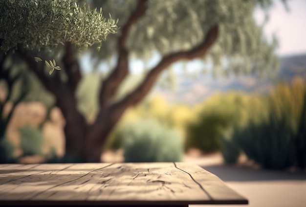 Mesa de jardín de madera con árboles y fondo borroso AI generativa