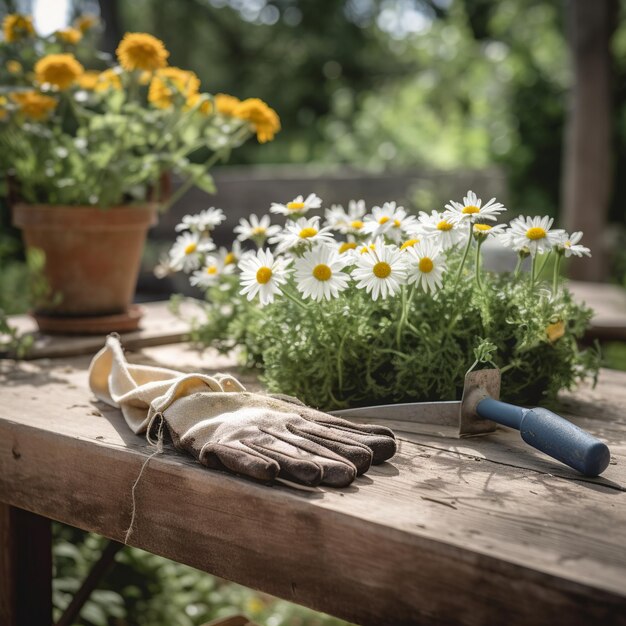 Una mesa de jardín con un ramo de margaritas y un guante encima.