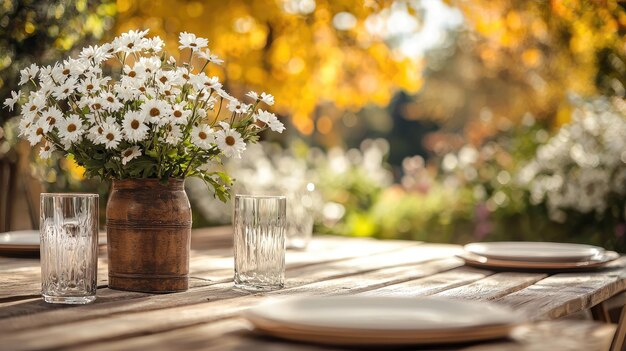 Una mesa con un jarrón de flores blancas y dos vasos en ella