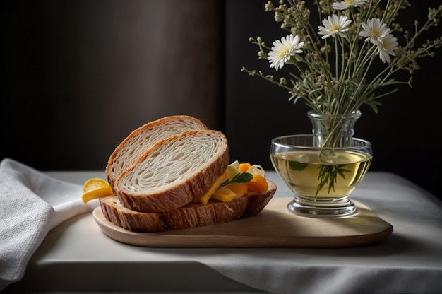 una mesa con un jarrón con flores y una botella de vino